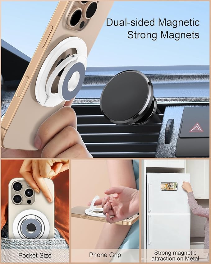 MagSafe Phone Ring Holder, Dual-Side Magnetic Grip Stand with Metal Ring, Foldable Kickstand for iPhone 17 16 15 14 13 12, Wireless Charging Compatible, Works with Magnetic Car Mounts & Desks-White