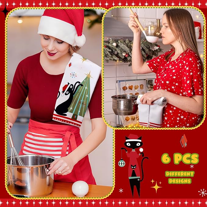 Preboun 6 Pcs Christmas Kitchen Towels Mid Century Hand Towels Atomic Cat Xmas Dish Cloth Red Green Christmas Tree Gift Box Decorative Farmhouse Tea Cloth Absorbent for Holiday Kitchen Bathroom Decor