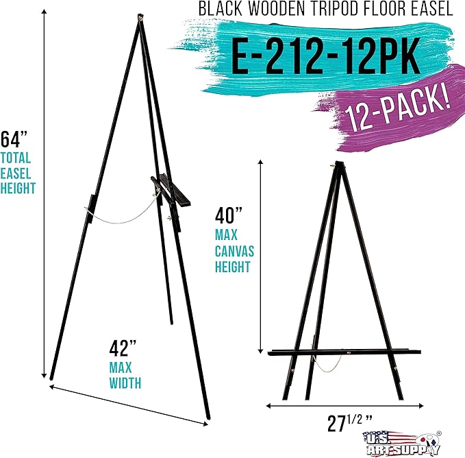 U.S. Art Supply 64" Black Wooden Easel Stand (12 Pack) - Adjustable A-Frame Tripod for Painting, Drawing & Signs - Lightweight Easels, Wood Easel Stand for Sign Wedding Display 40" Canvas Capacity