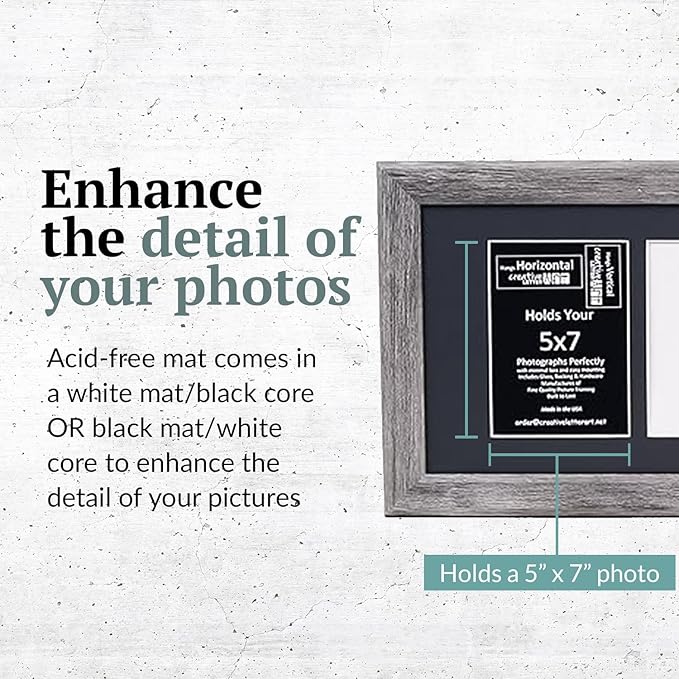 Creative Letter Art 5 Opening Driftwood Picture Frame with Glass to hold 5 by 7 inch Photographs including 10x32-inch Black Mat Collage