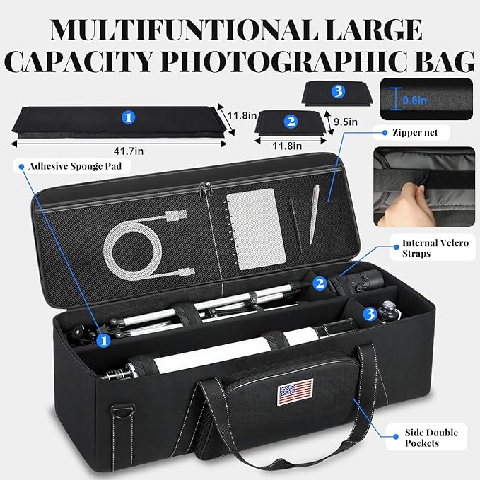 40.8" Astronomical Telescope Case, Large Telescope Travel Bag Soft Padded Telescope Accessories Carrying Case with Telescope, Tripods, Light Stands, Telescopes Tube, Camera, Studio Equipment