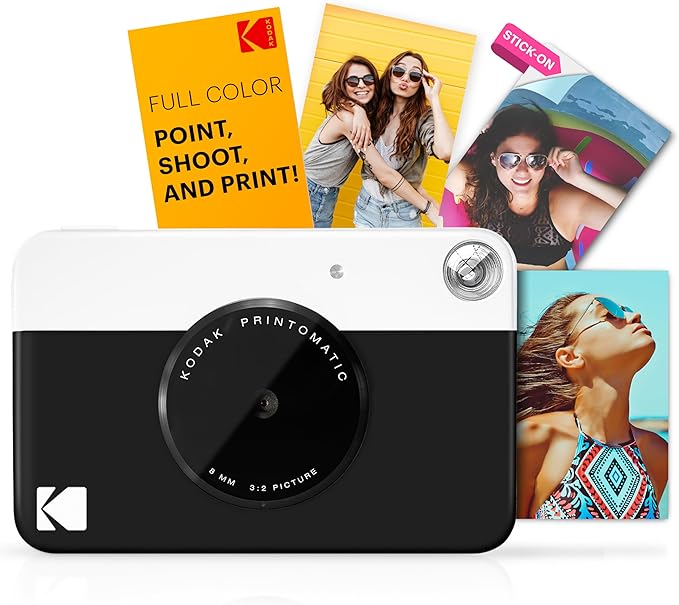 Kodak Printomatic Full-Color Instant Print Camera Gift Bundle + Soft Case + Zink 2x3 Sticky Back Photo Paper 20pk + Album + Sticker Sets + Sticker Frames + Hanging Frames + Markers, Fun Gift - Black