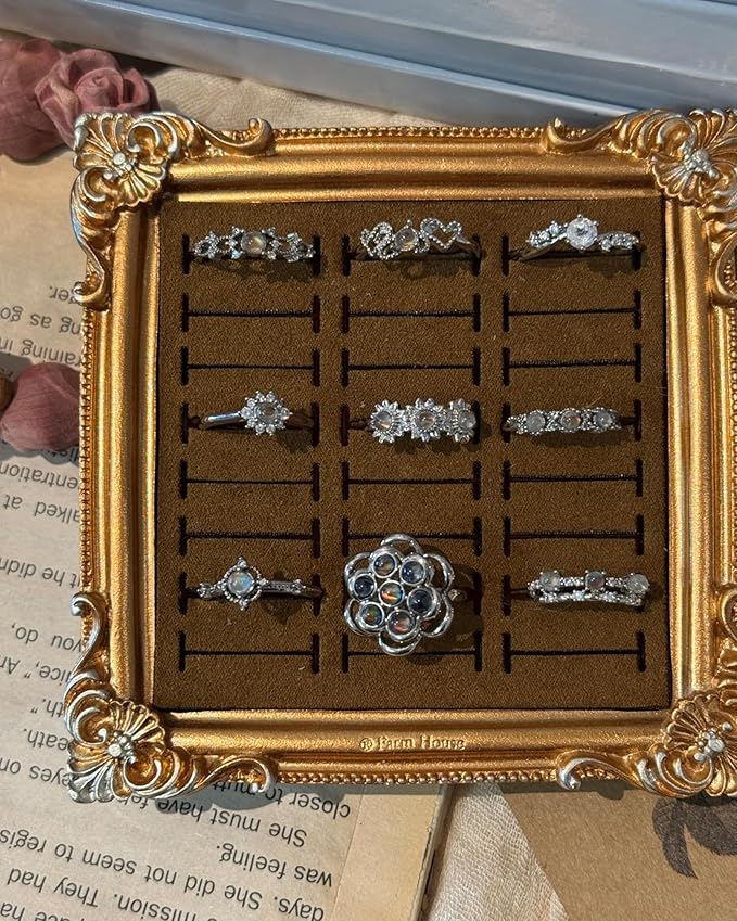 Jewelry Display Stand Vintage Ring Holder Box Earring Tray Retro Picture Frame Style Ring OrganizerJewelry Frame with Velvet