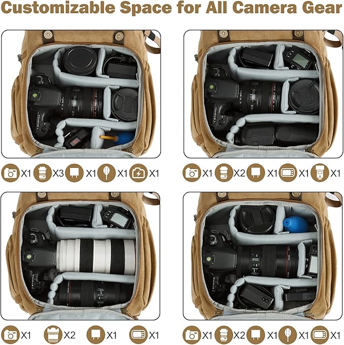 BAGSMART Camera Backpack, DSLR Camera Bag, Waterproof Camera Bag Backpack for Photographers, Fit up to 15" Laptop with Rain Cover and Tripod Holder, Khaki