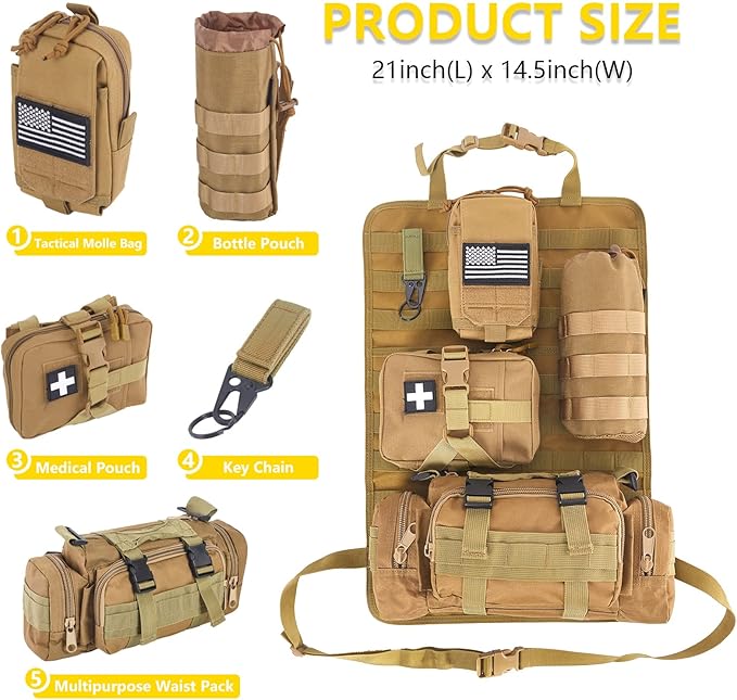 Universal Tactical Car Seat Back Organizer Bag Tactical Molle Vehicle Organizers Panel Vehicle Protector Organizers with 4 Detachable Pouches for Car Truck Ford Jeep Vehicle (Khaki)