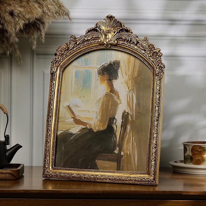 Cuspin 8x10 Picture Frame Vintage Gold Frames, Antique Gold Ornate Resin Photo Frame with Glass Front for Tabletop and Wall Mounting, 8 by 10 Arched Picture Frame for Home Decor