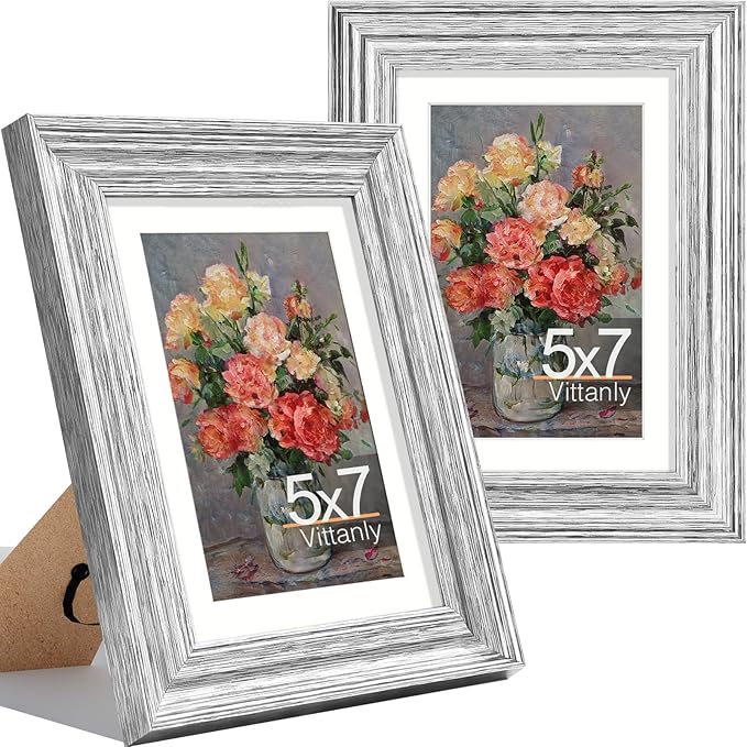 Vittanly 5x7 Picture Frames Set of 2, Ornate Vintage Photo Frame for Wall or Tabletop, Display 4x6 Pictures with Mat or 5x7 without Mat, Rustic Silver