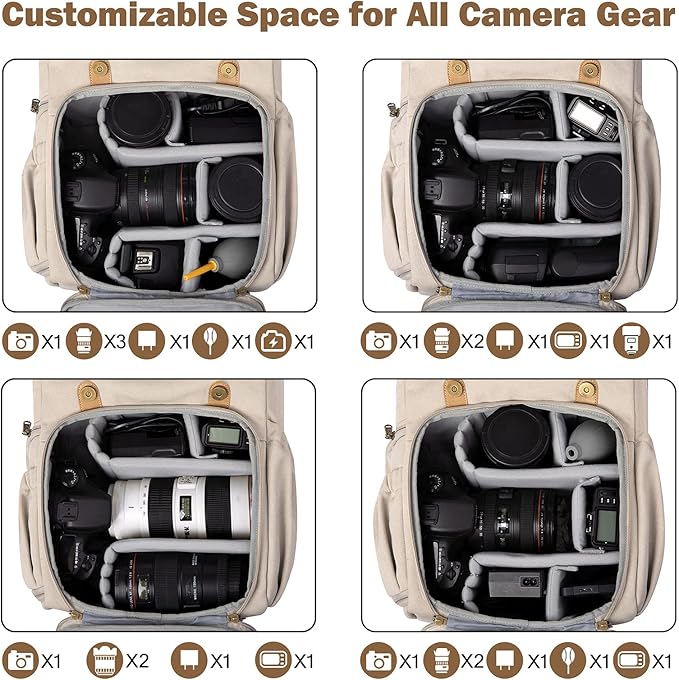 BAGSMART Camera Backpack, DSLR Camera Bag, Waterproof Camera Bag Backpack for Photographers, Fit up to 15" Laptop with Rain Cover and Tripod Holder, Ivory White