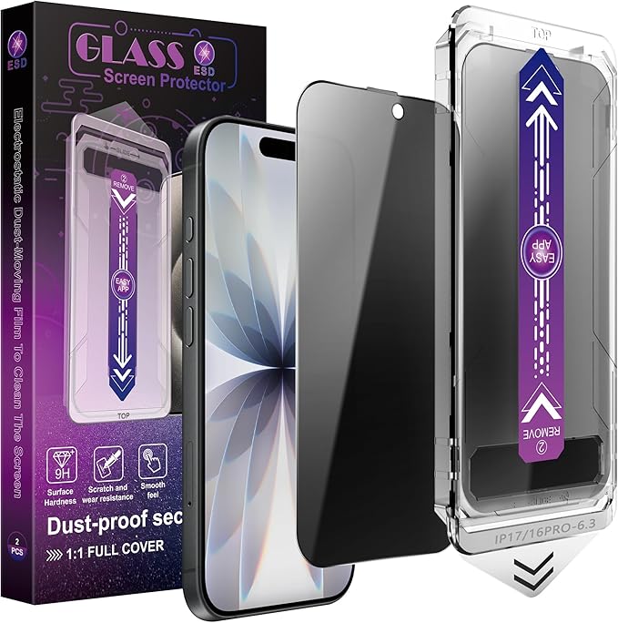 SHANG PIN JIA 2 Pack Privacy Screen Protector for iPhone 17&16 Pro 6.3-Inch Auto Dust Removal, No Bubbles,Anti-Spy Tempered Glass Film, Easy Installation