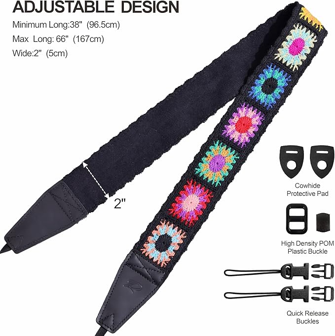 Padwa Lifestyle Colorful Crochet Camera Strap - 2" Full Grain Leather Ends Camera Straps for Photographers, Vintage Embroidered Cotton Soft Suede Fabric Padded Strap Quick Release fits All Cameras