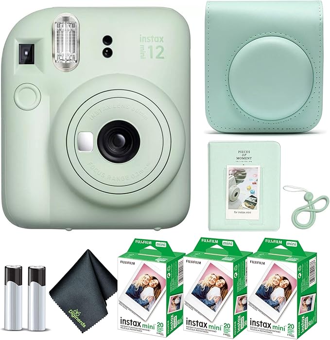Fujifilm Instax Mini 12 Instant Camera Mint Green Bundle with Fuji Instax Mini Film Value Pack (60 Sheets) + Protective Carrying Case + Photo Album + Microfiber Cleaning Cloth