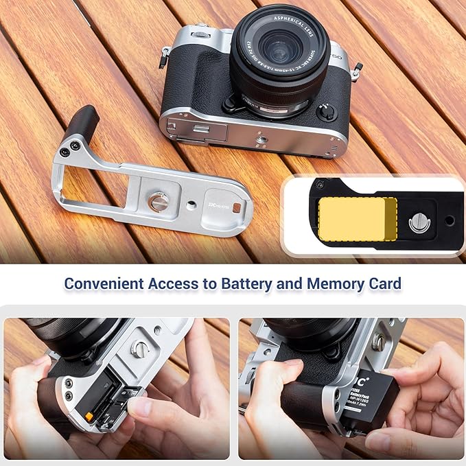 X-T50 Handgrip,L-Shape Bracket Handle for Fujifilm X-T50 XT50 Camera with Built-in Arca Quick Release Plate & Battery Compartment Opening,X-T50 Hand Grip Holder Anti-Slip Pads Design - Silver