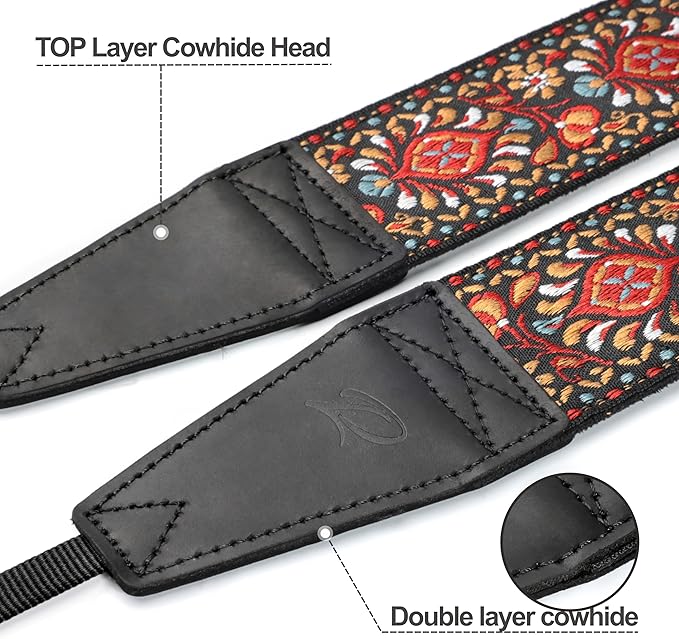 Padwa Lifestyle Red Flower Camera Strap - 2" Full Grain Leather Ends Camera Straps for Photographers, Vintage Embroidered Cotton Weave Soft Suede Fabric Padded Strap Quick Release fits All Cameras