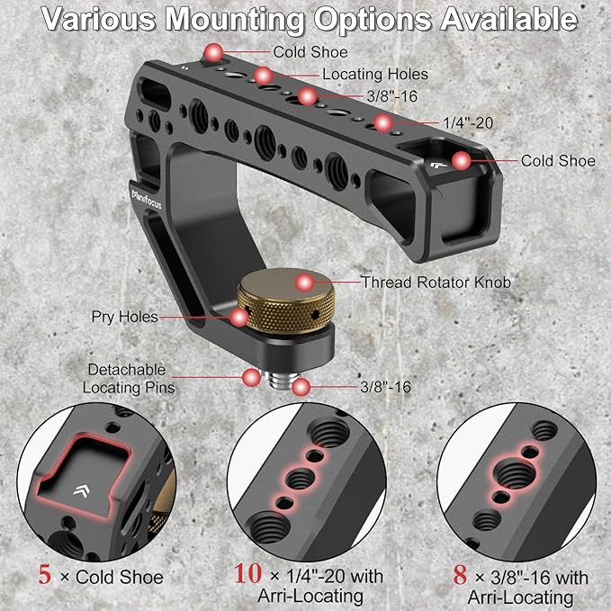 Camera Top Handle with 3/8"-16 Locating Pins for ARRI Grip for Camera Cage, Universal Top Handgrip with 5 Cold Shoe Adapters, Ergonomic Design, 1/4" and 3/8" Threads with Microphone/LED Light/Monitor