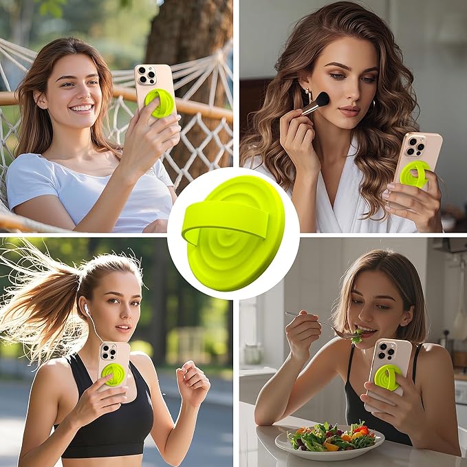 Magnetic Phone Grip Ring Holder, Liquid Silicone Magnet Cell Phone Grip Finger Loop, Compatible with Magsafe, Back of Phone for iPhone 17/16/15/14/13/12 Series, Neon Yellow