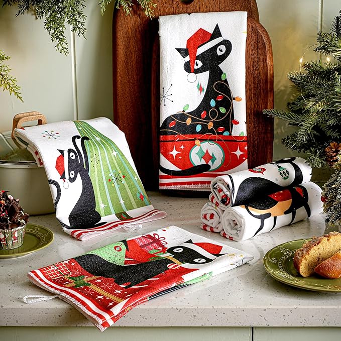 Preboun 6 Pcs Christmas Kitchen Towels Mid Century Hand Towels Atomic Cat Xmas Dish Cloth Red Green Christmas Tree Gift Box Decorative Farmhouse Tea Cloth Absorbent for Holiday Kitchen Bathroom Decor