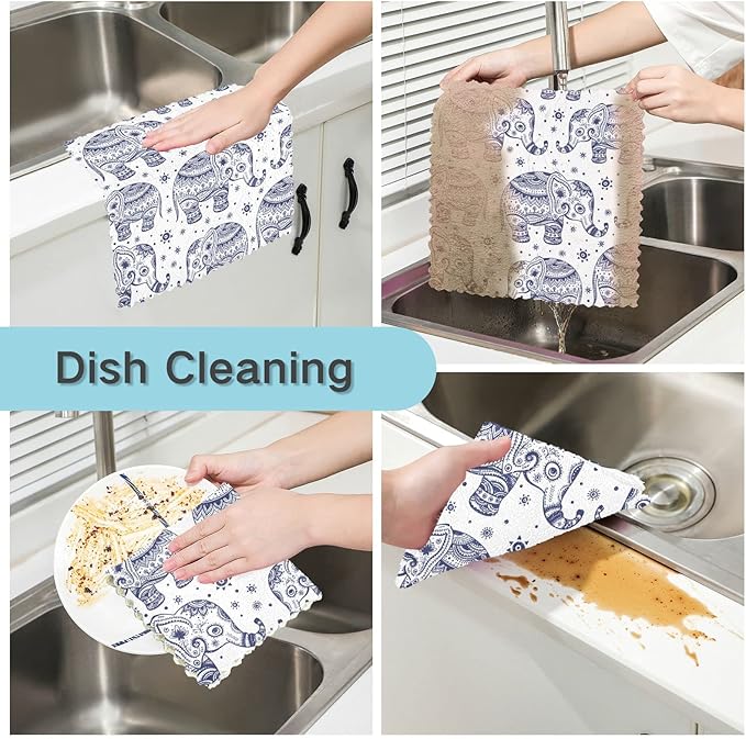 CaTaKu Paisley Ethnic Elephant Kitchen Dish Cloths, 6 Pack Reusable Dish Rags for Washing Dishes, Microfiber Cleaning Cloths Dish Towels Washcloths for Kitchen Drying
