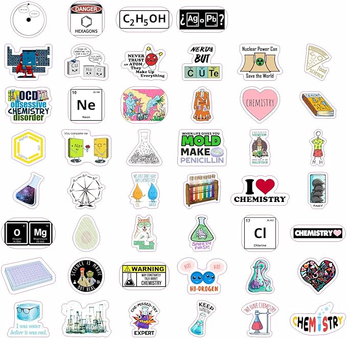 BulbaCraft 100Pcs Funny Chemistry Stickers for Laptop, Chemistry Computer Stickers, Lab Decals, Science Themed Presents, Gifts for Women & Men