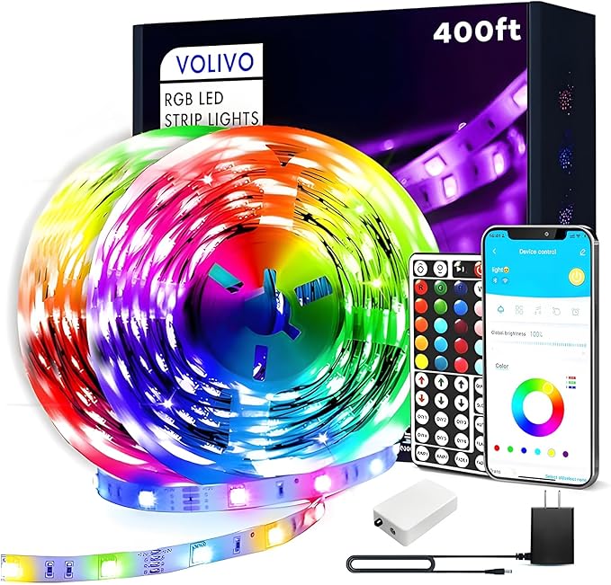 VOLIVO 400ft Led Strip Lights for Bedroom, Color Changing Led Light Strips Kit with 24 Keys IR Remote and Smart App Control, RGB Music Sync Lighting for Room, Home Decor