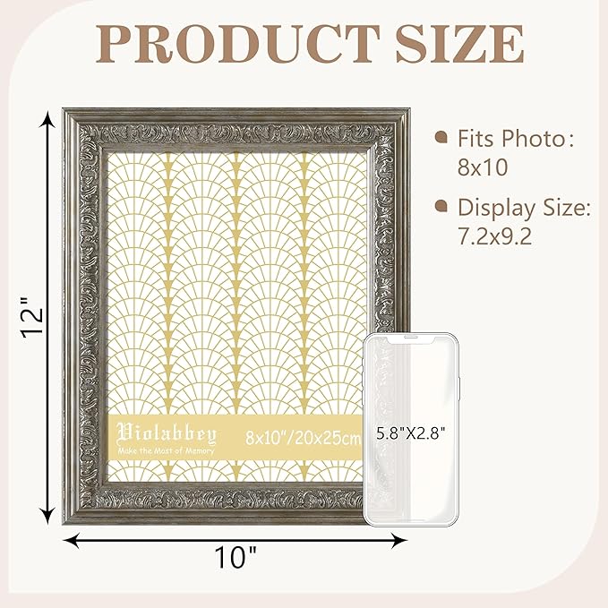 VIOLABBEY 8x10 Picture Frame Silver, Vintage Photo Frames Ornate without Mat for Tabletop or Wall Hanging