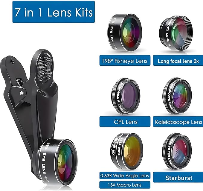 7 in1 Mobile Phone Camera Lens, Mobile Phone Lens Kit, Universal Clip, for iPhone, for Samsung, for Android Smartphone, On Wide Angle+Macro+ Fish Eye+Kaleidoscope+Star Filter+CPL Lens(Black)