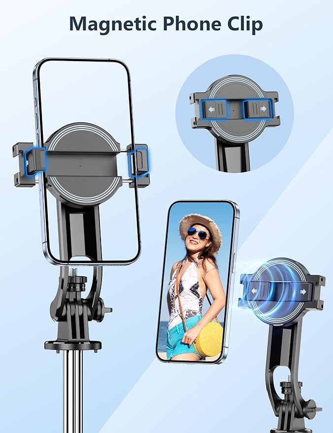 70'' Magnetic Automatic Selfie Stick Travel Tripod for Cell Phone, Auto Opening Phone Tripod Stand with Magnetic Remote, 360° Rotatable Extendable Smartphone Stand Compatible with iPhone/Android