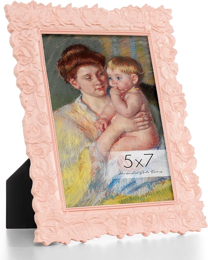 Axeman Vintage Pink Picture Frame 5x7 | Antique 5 x 7 Picture Frame with Real Glass | Ornate Rose 5x7 Frame for Wall & Tabletop Display | Pink 5 by 7 Frame