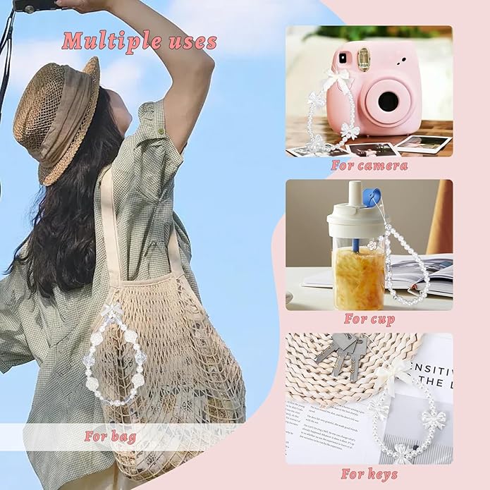 Pink Beaded Phone Wrist Straps, Y2K Phone Case Charms Camera Charm Strap, Lanyard Keychain Wristlet Aesthetic Cellphone Charm
