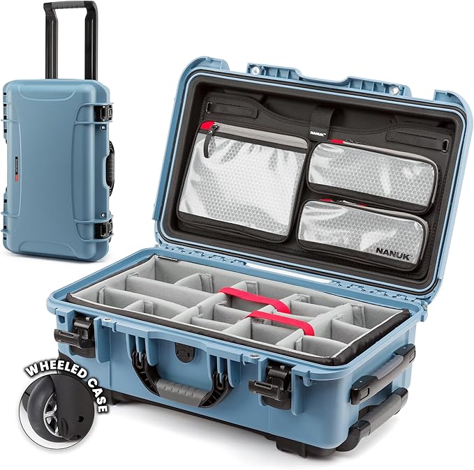 NANUK 935 Hard Case with Padded Divider – Waterproof Equipment Case with Wheels, 22” x 14” x 9” – Dustproof and Impact Resistant, Airline Carry-On Approved – Cyan
