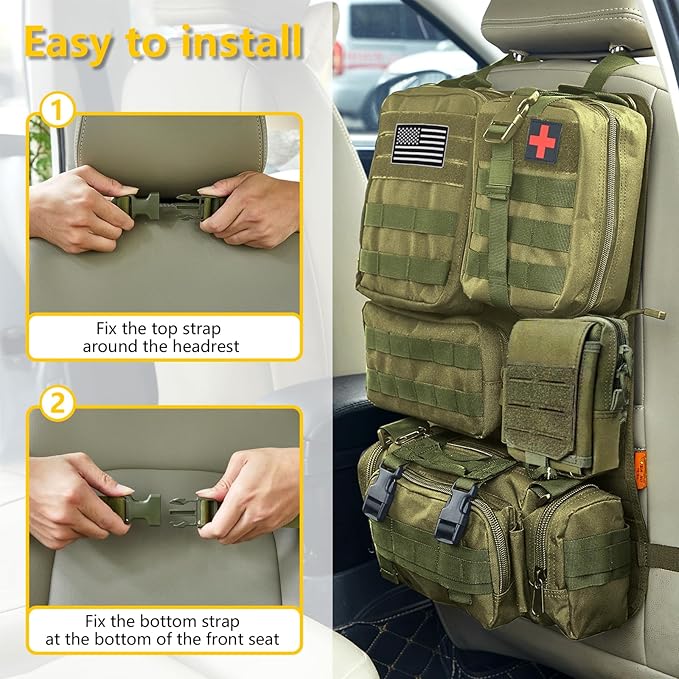 Universal Tactical Car Seat Back Organizer Bag Tactical Molle Vehicle Organizers Panel Gear Accessories with 5 Different Size Molle Pouches for Car Truck Ford Jeep Vehicle (A style-Military green)
