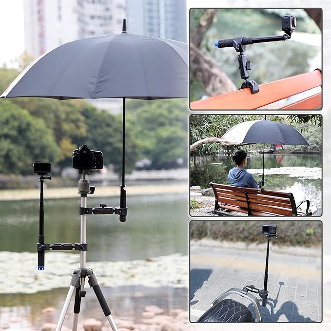 Double Super Clamp Camera Mount with Magic Arm for Chair/Photography Reflector/Light/Pole, Umbrella Clamp with 360° Rotation Double Ball Head Adapter for Golf Push Carts/Strollers/Wagons