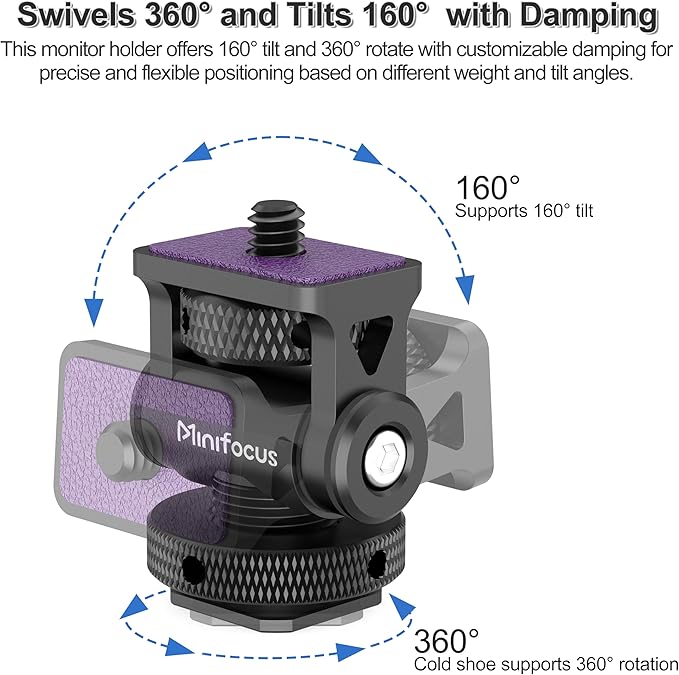 MINIFOCUS Camera Monitor Mount with Cold Shoe, 1/4" Screw for 5" & 7" Field Monitor, Swivel 360° and Tilt 160° Holder for Camera Phone Cage LED Video Light