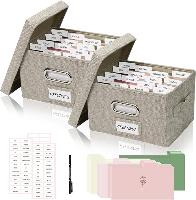 Hiwhy Greeting Card Storage Box, Linen Storage Box with 32 Adjustable Dividers, 168 Labels, 2 Marker Pen, Perfect for Organizing Greeting Cards, Envelopes, Photos 2 Pack Beige