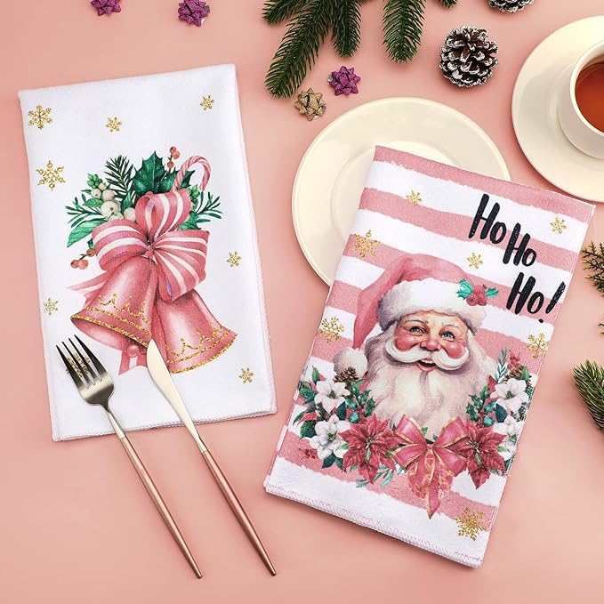 Preboun 6 Pcs Christmas Kitchen Towels Santa Reindeer Stripe Hand Towels Pink Farmhouse for Dish Xmas Tea Kitchen Bathroom Decor