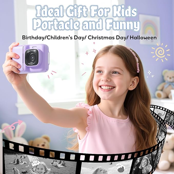 ETIKEZ Kids Camera, 1080P Instant Digital Print Camera for Kids, Christmas Birthday Gifts for 4 5 6 7 8 9 10 Year Old Girls Boys, Portable Toy with 32GB SD Card & 3 Rolls Printing Paper, Purple