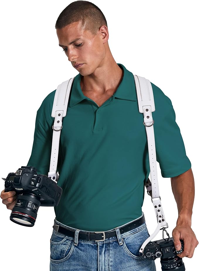 Padwa Lifestyle White Dual Camera Harness Strap for Two Cameras - Dual Shoulder Full Grain Leather Harness,Multi Double Camera Gear with Thick Padded,Double Camera Harness for Photographers