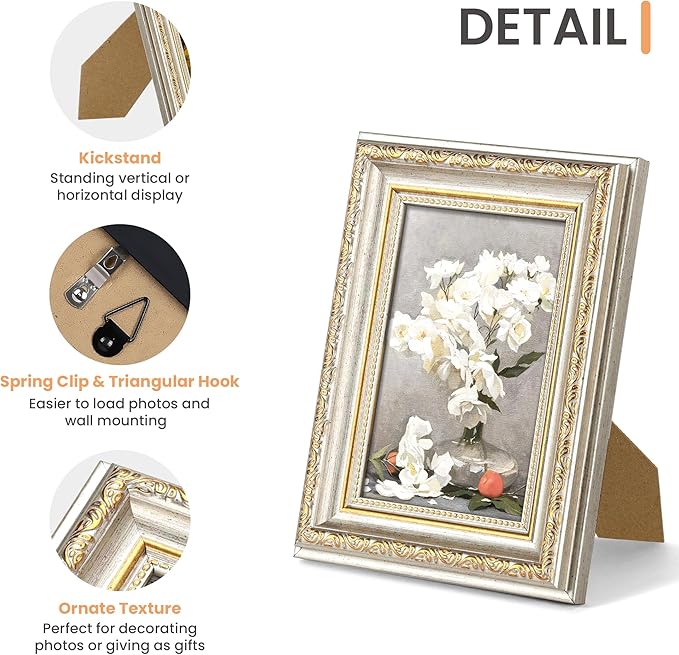 upsimples 5x7 Picture Frame with Real Glass, Ornate Vintage 5 x 7 Photo Frames for Wall Decor or Tabletop Display, White and Gold, 2 Pack