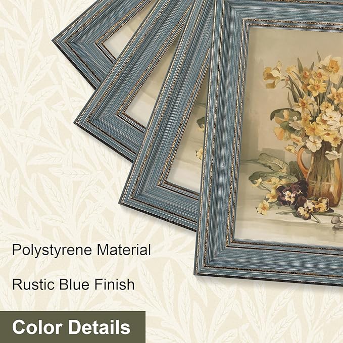 Vittanly 5x7 Picture Frame Set of 4, Vintage Photo Frame for Wall or Tabletop, Display 5x7 Pictures, Rustic Farmhouse Home Decor, Vintage Blue