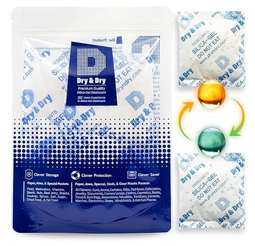 Dry & Dry 50 Gram [60 Packs] Orange Indicating(Orange to Dark Green) Mixed Silica Gel Packets - Food Safe Rechargeable Silica Packets Desiccants Silica Gel Packs Silica Gel Packets