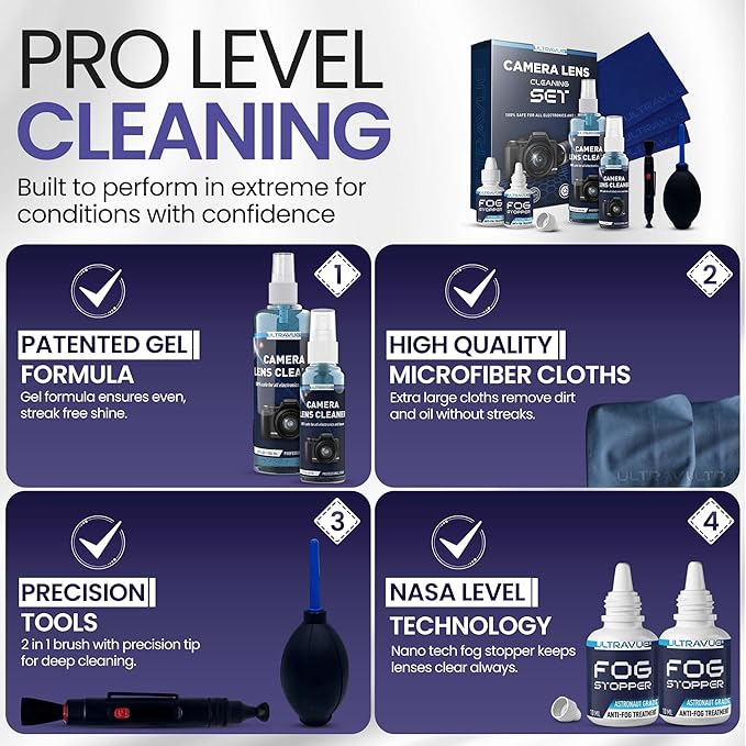 ULTRAVUE’s Ultimate Camera Lens Cleaning Kit –Camera Lens Cleaner, Lens Pen, Fog Stopper, and Microfiber Cloths - Camera Cleaning Kit - Lens Blower for DSLR & Digital Camera Accessories Camera Kit