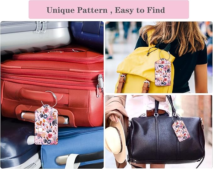 (Set of 2) Luggage Tag Leather Privacy Cover ID Label Address Card with Stainless Steel Loop, Travel Bag Tags Suitcase Labels, Pink Flowers