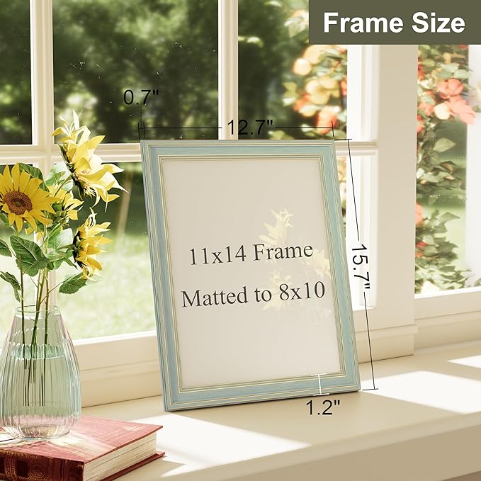 Vittanly 11x14 Picture Frame Set of 4, Vintage Photo Frame for Wall Mount, Display 8x10 Pictures with Mat or 11x14 without Mat, Rustic Farmhouse Home Decor, Light Green