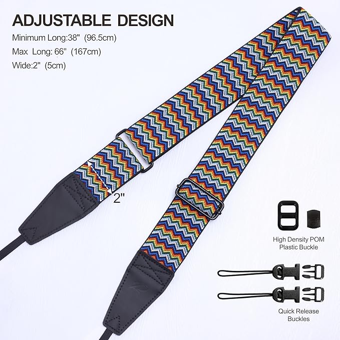 Padwa Lifestyle Adjustable Camera Strap - 2" Top Layer Cowhide Head Camera Straps for Photographers,Soft Cotton Crossbody Strap with Quick Release fits All Cameras - Rainbow Ripple