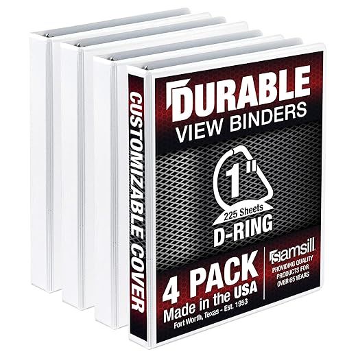 Samsill Durable 1 inch 3 Ring Binder, Made in USA, D Ring Binder, FSC 100% Recycled Chipboard, White, 4 Pack