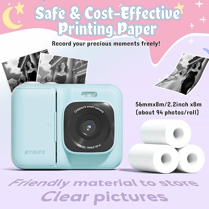 ETIKEZ Kids Camera, 1080P Instant Digital Print Camera for Kids, Christmas Birthday Gifts for 4 5 6 7 8 9 10 Year Old Girls Boys, Portable Toy with 32GB SD Card & 3 Rolls Printing Paper, Blue