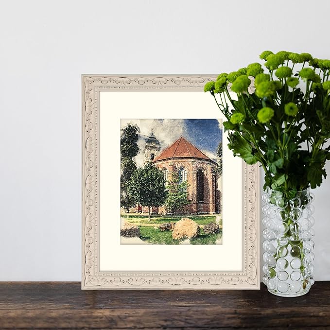 11x14 in Distressed Wood Off-white Vintage Antique Farmhouse Picture Frame, Museum Grade Off White Mat 8x10, Real Glass Protection, Wall Hanging Photo Display, Washed White