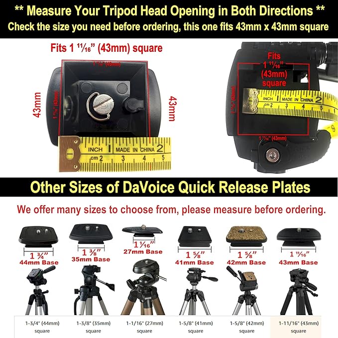 DaVoice 43mm Tripod Quick Release Plate Camera Mounting Adapter Parts Replacement for Torjim 60-Inch AX60, Endurax 66" ETR66, UBeesize 60” TR60, Zomei Q111, KingJoy, Victiv, Mactrem PT55 Tripod Mount