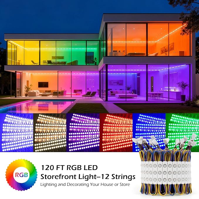 Dyna-Living LED Storefront Lights 120FT Commercial RGB Window Lights for Store Front Decorative 240PCS 3-LED 5050 SMD RGB Module for Signs IP65 Waterproof Strip Light for Business (12 Packs-White)