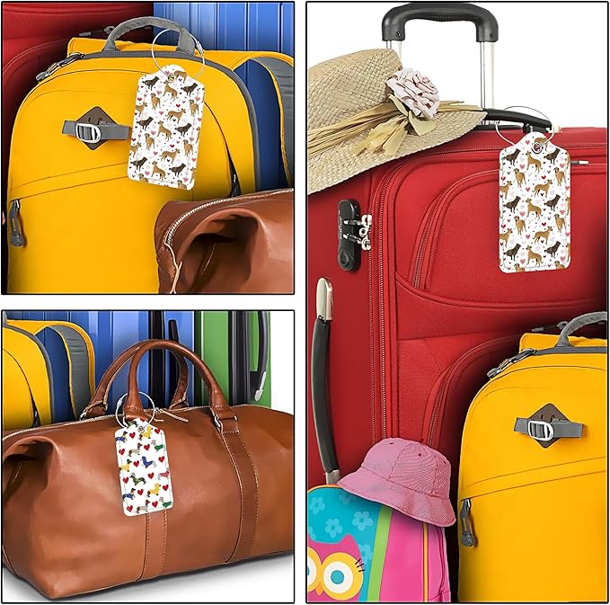 Cute Colorful Dog 2 Pack PU Leather Luggage Tags for Suitcase, Red Heart Travel Cruise Tag with Privacy Flap, Name ID Label and Metal Loop for Women Men Baggage Handbag School Bag