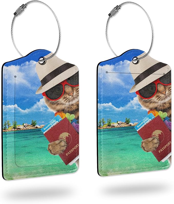Luggage Tags for Suitcase,2 Pack Funny Cat Leather Travel Cruise Luggage Tag with Privacy Flap,Name ID Label and Metal Loop for Women Girls Suitcase Backpack